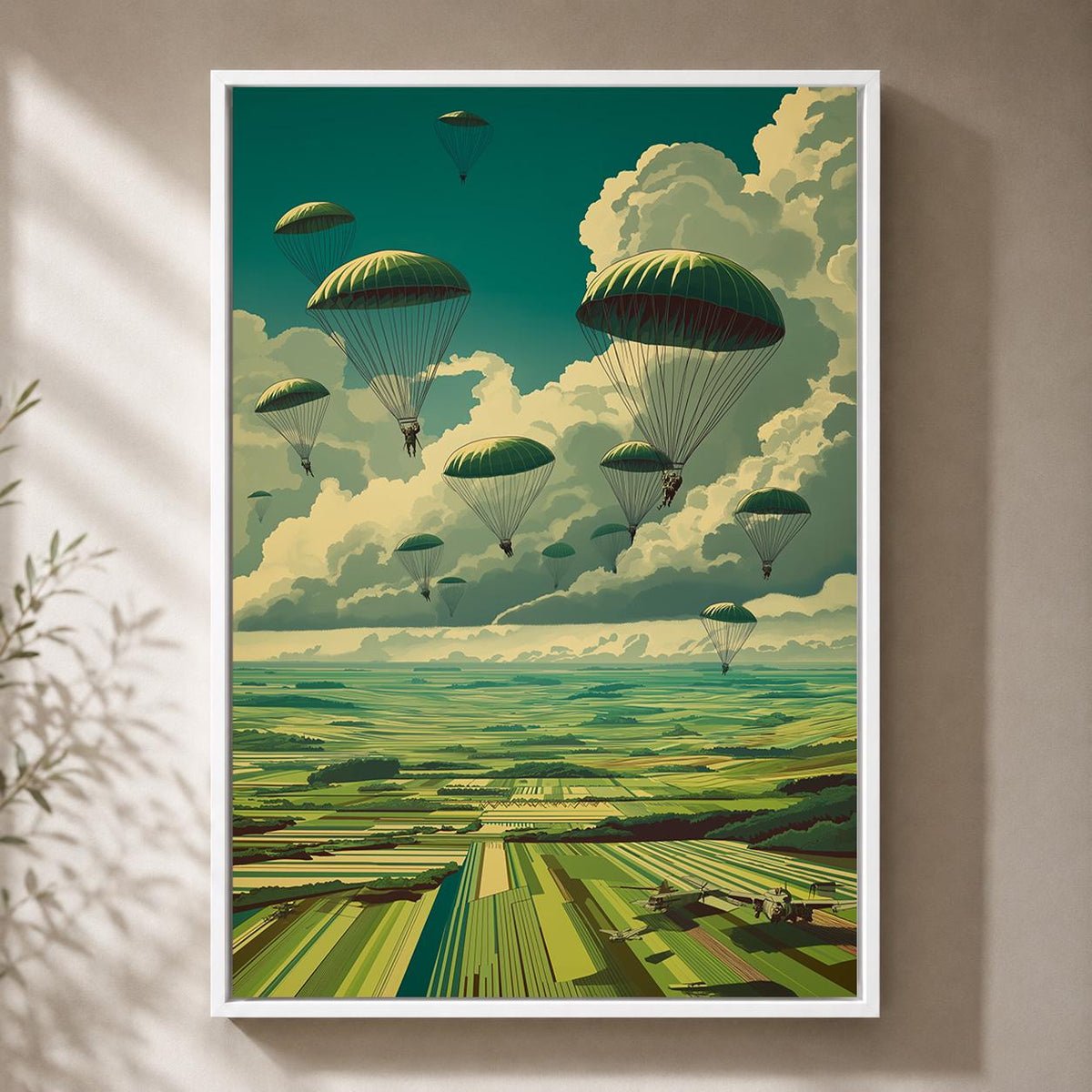 Vintage Paratrooper Framed Canvas Art, Retro Military Aviation Landscape Print by The Wall Art Studio - physical