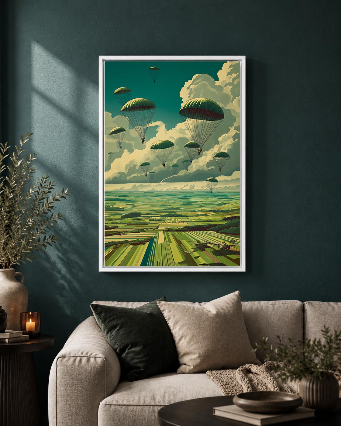 Vintage Paratrooper Framed Canvas Art, Retro Military Aviation Landscape Print by The Wall Art Studio - physical