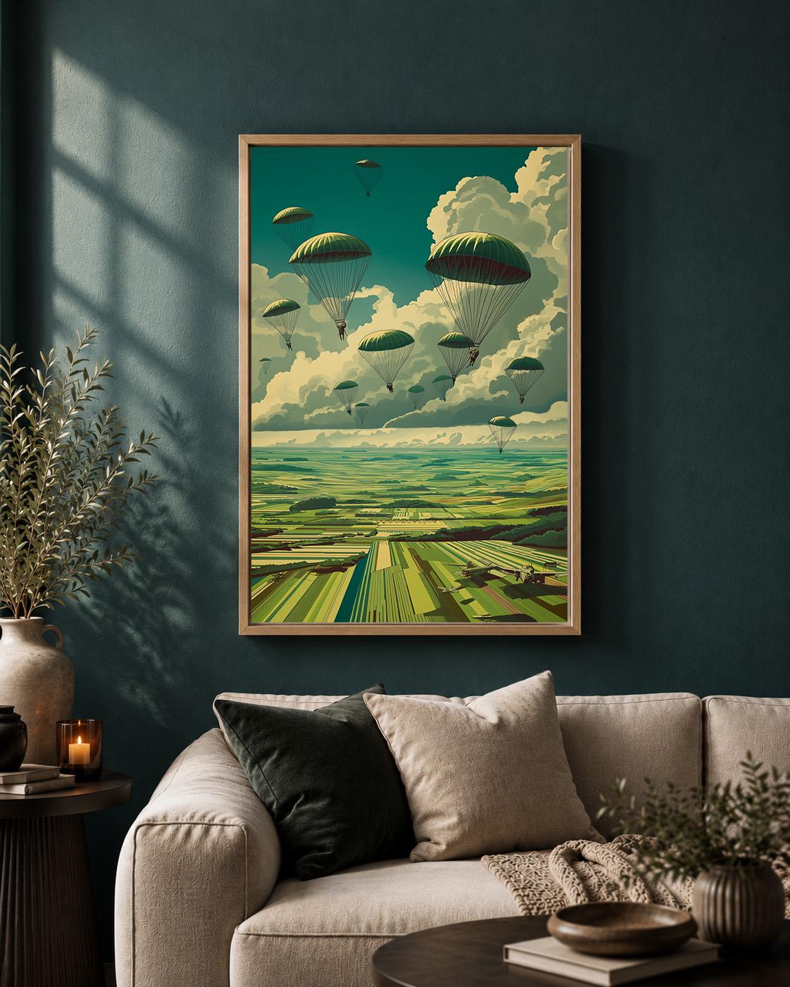Vintage Paratrooper Framed Canvas Art, Retro Military Aviation Landscape Print by The Wall Art Studio - physical