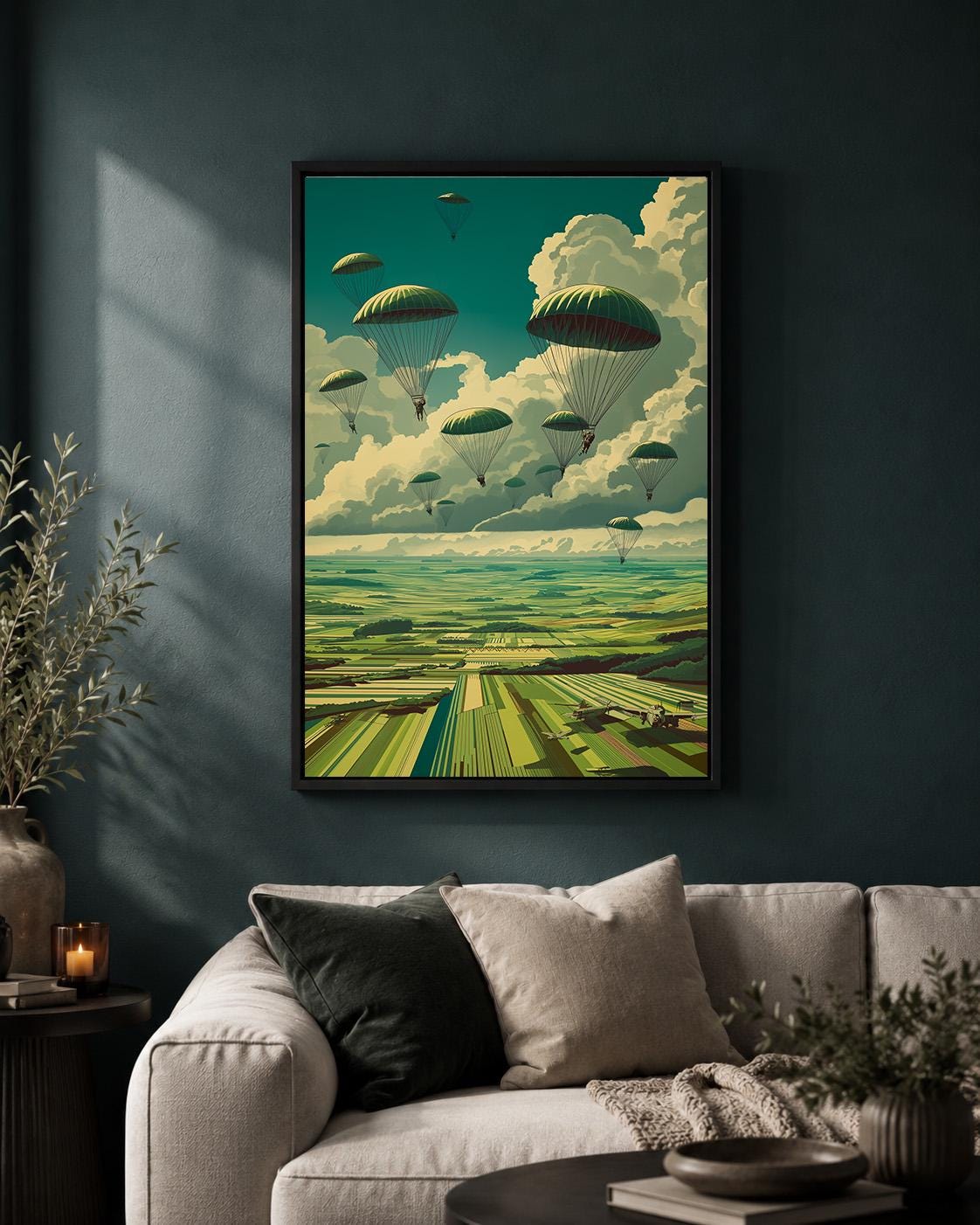 Vintage Paratrooper Framed Canvas Art, Retro Military Aviation Landscape Print by The Wall Art Studio - physical