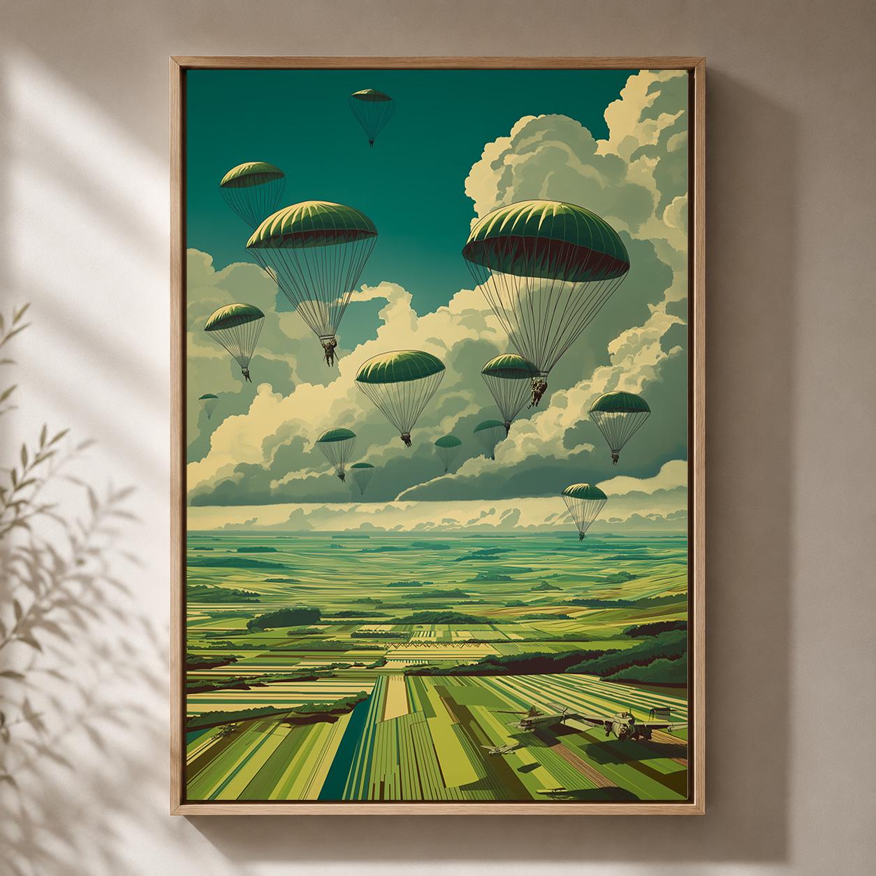 Vintage Paratrooper Framed Canvas Art, Retro Military Aviation Landscape Print by The Wall Art Studio - physical
