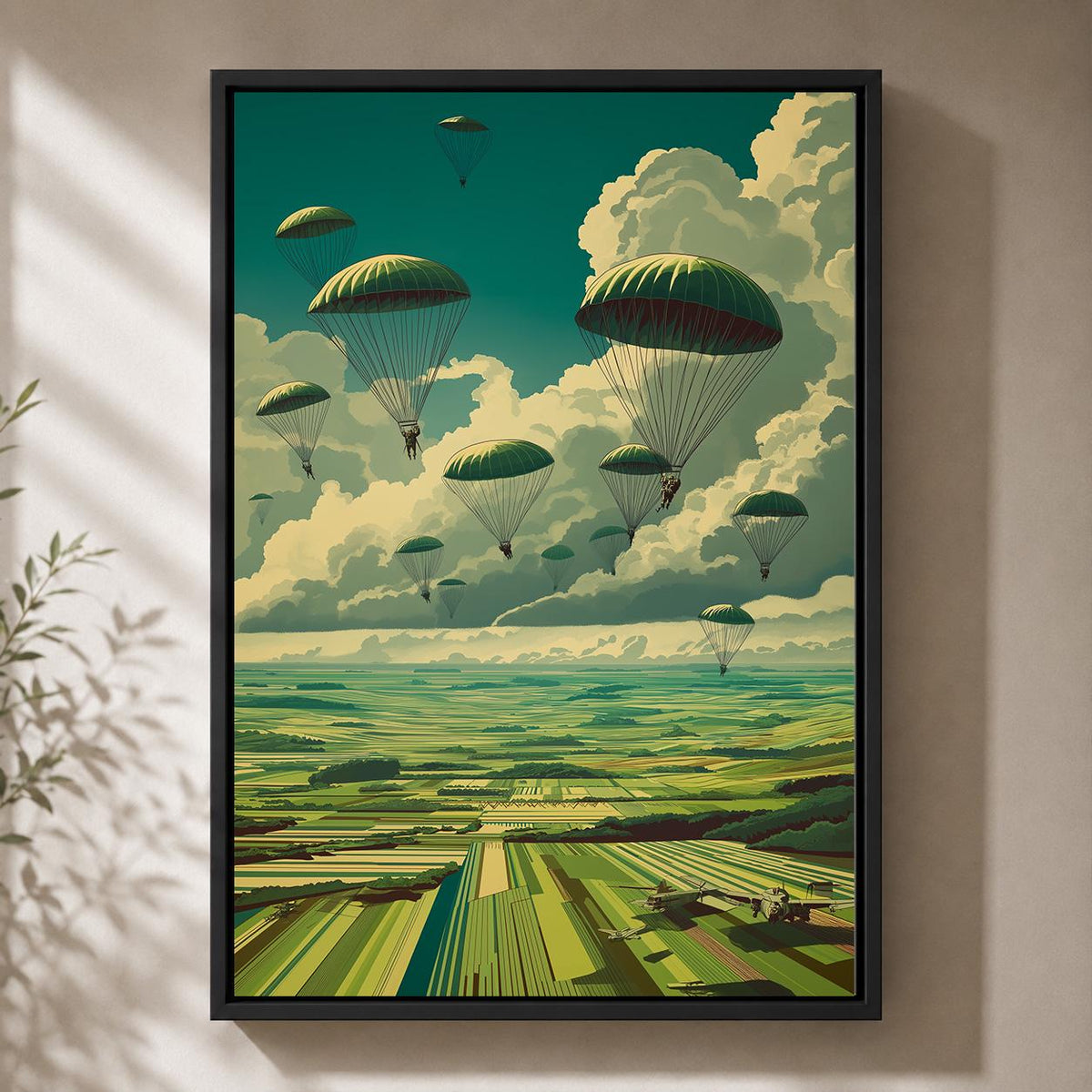 Vintage Paratrooper Framed Canvas Art, Retro Military Aviation Landscape Print by The Wall Art Studio - physical