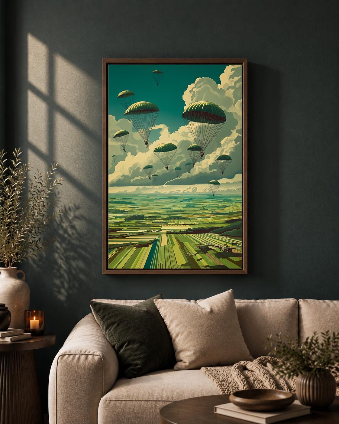 Vintage Paratrooper Framed Canvas Art, Retro Military Aviation Landscape Print by The Wall Art Studio - physical