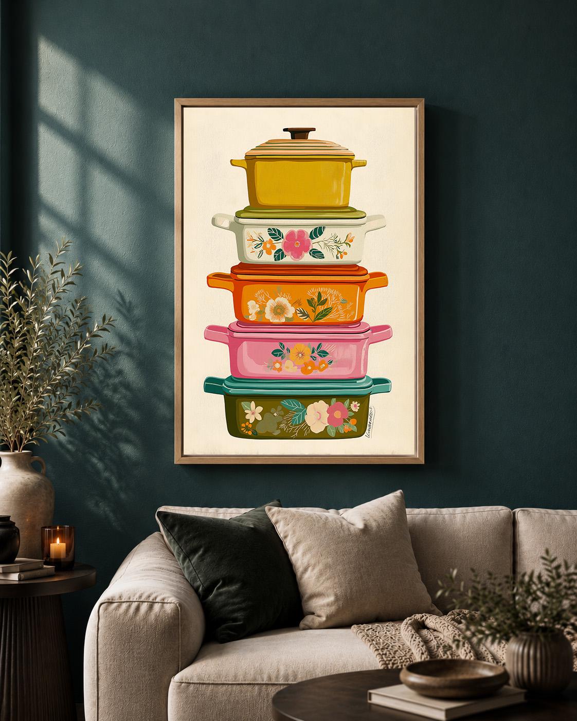 Vintage Pyrex Enamel Cookware Stack Framed Canvas Art, Retro Kitchen Decor, Mid Century Modern Home by The Wall Art Studio...