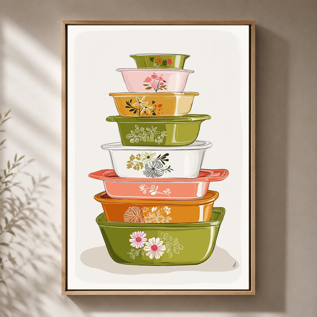 Vintage Pyrex Stack Framed Canvas Art, Retro Kitchen Decor, Mid Century Modern Wall Art by The Wall Art Studio - physical