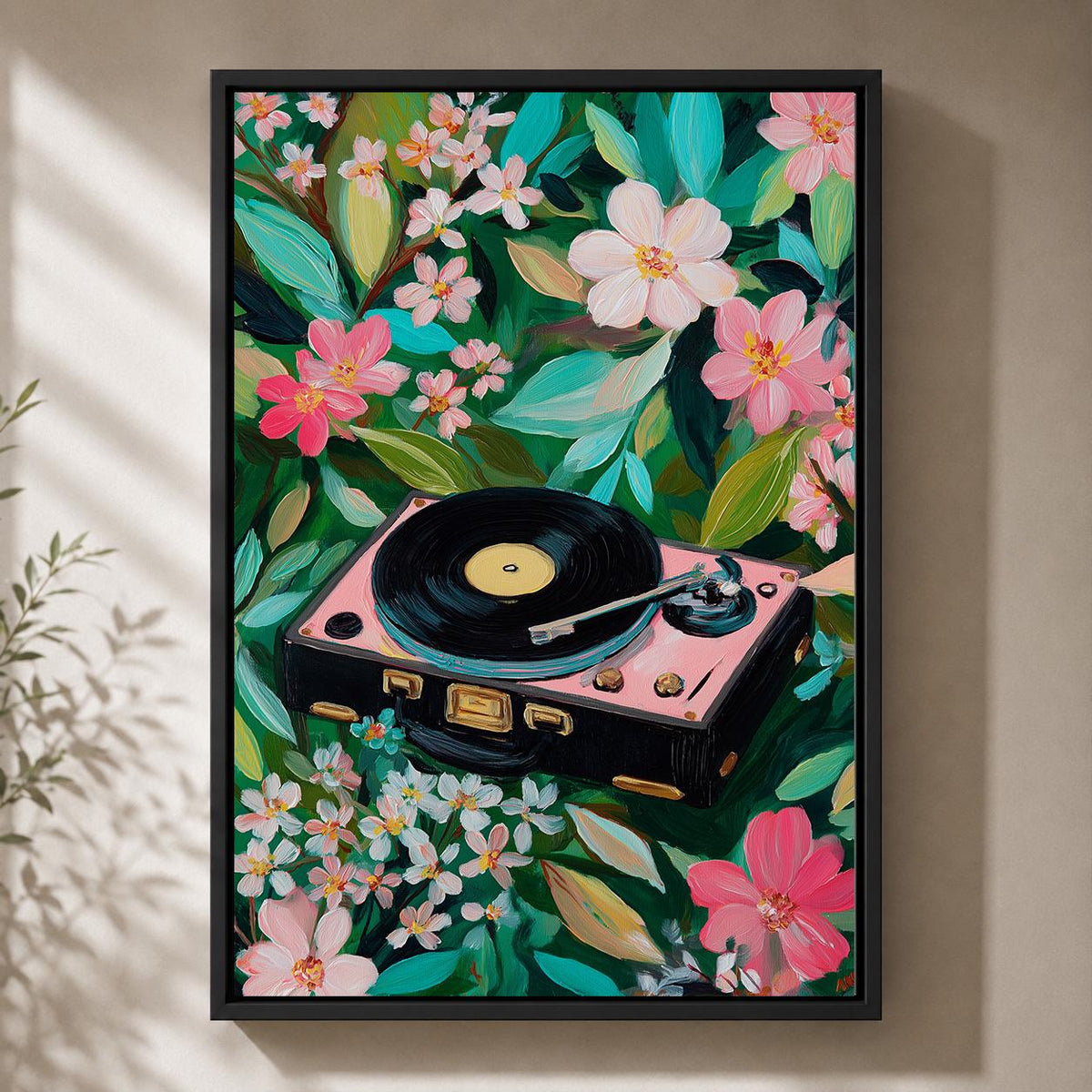Vintage Record Player Floral Framed Canvas Art, Retro Turntable Music Lover Wall Decor by The Wall Art Studio - physical