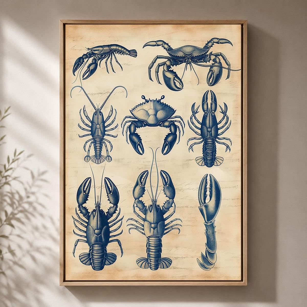 Vintage Seafood Anatomy Framed Canvas, Coastal Lobster Crab Nautical Wall Art by The Wall Art Studio - physical
