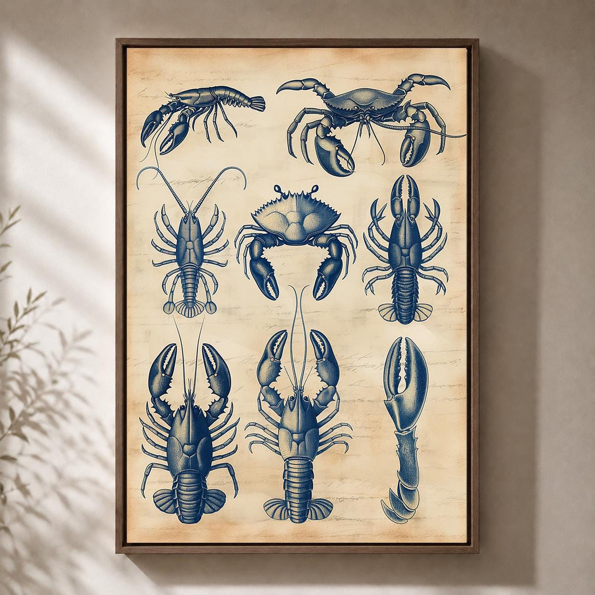 Vintage Seafood Anatomy Framed Canvas, Coastal Lobster Crab Nautical Wall Art by The Wall Art Studio - physical