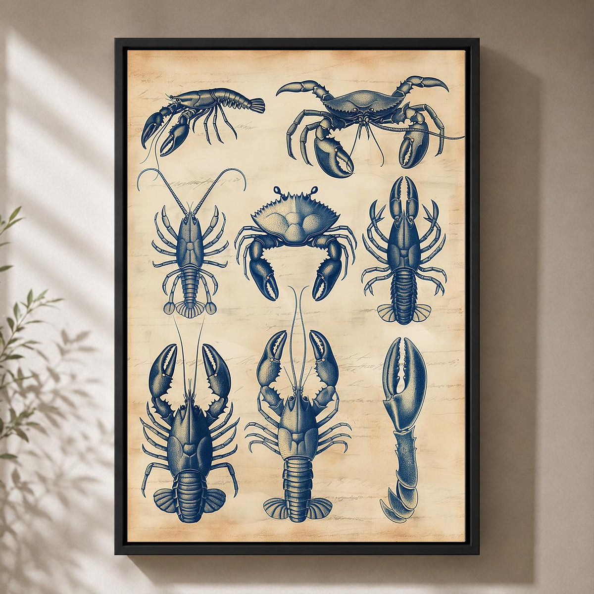 Vintage Seafood Anatomy Framed Canvas, Coastal Lobster Crab Nautical Wall Art by The Wall Art Studio - physical
