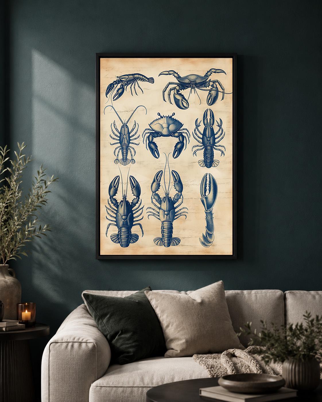 Vintage Seafood Anatomy Framed Canvas, Coastal Lobster Crab Nautical Wall Art by The Wall Art Studio - physical