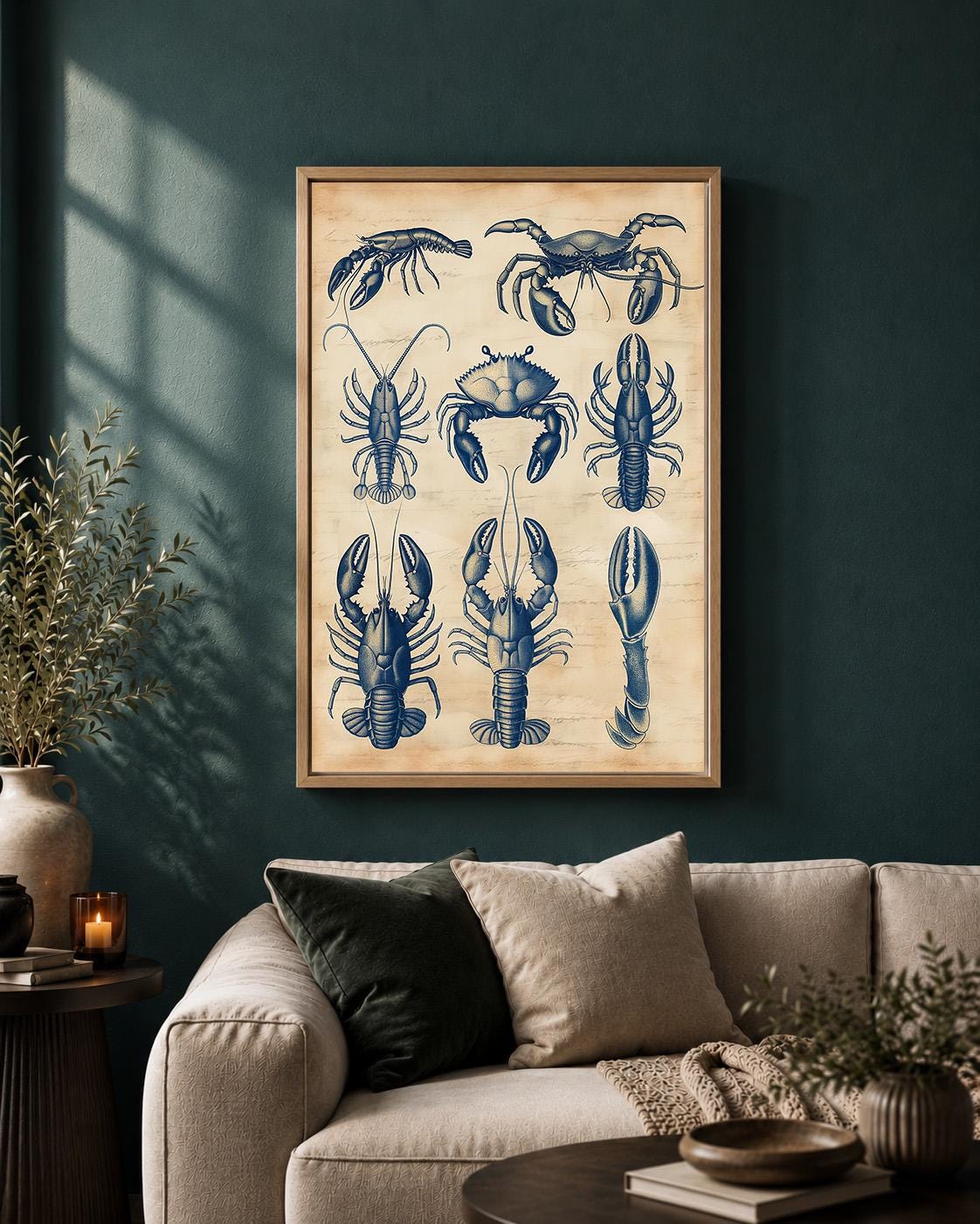 Vintage Seafood Anatomy Framed Canvas, Coastal Lobster Crab Nautical Wall Art by The Wall Art Studio - physical