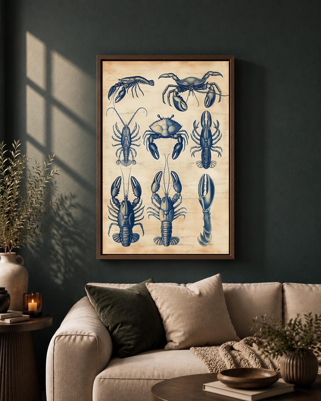 Vintage Seafood Anatomy Framed Canvas, Coastal Lobster Crab Nautical Wall Art by The Wall Art Studio - physical