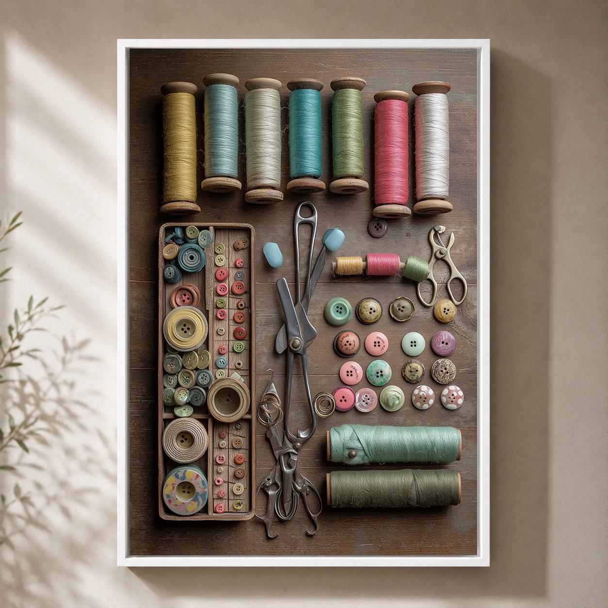 Vintage Sewing Supplies Framed Canvas Art, Tailor Studio Decor Print by The Wall Art Studio - physical