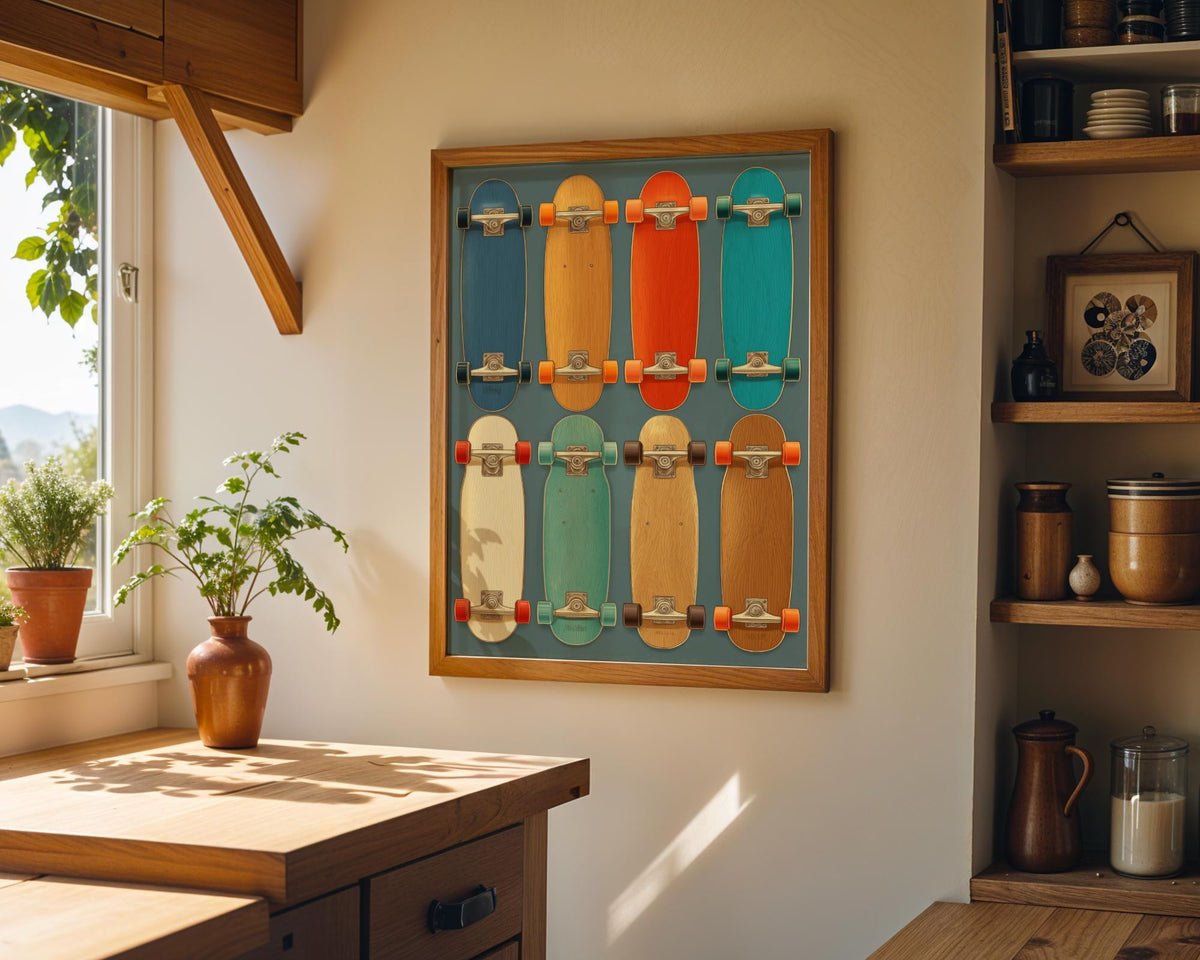Vintage Skateboard Wall Art • Retro Longboard Collection Print • Mid-Century Sports Décor • Teen Room Artwork by The Wall...