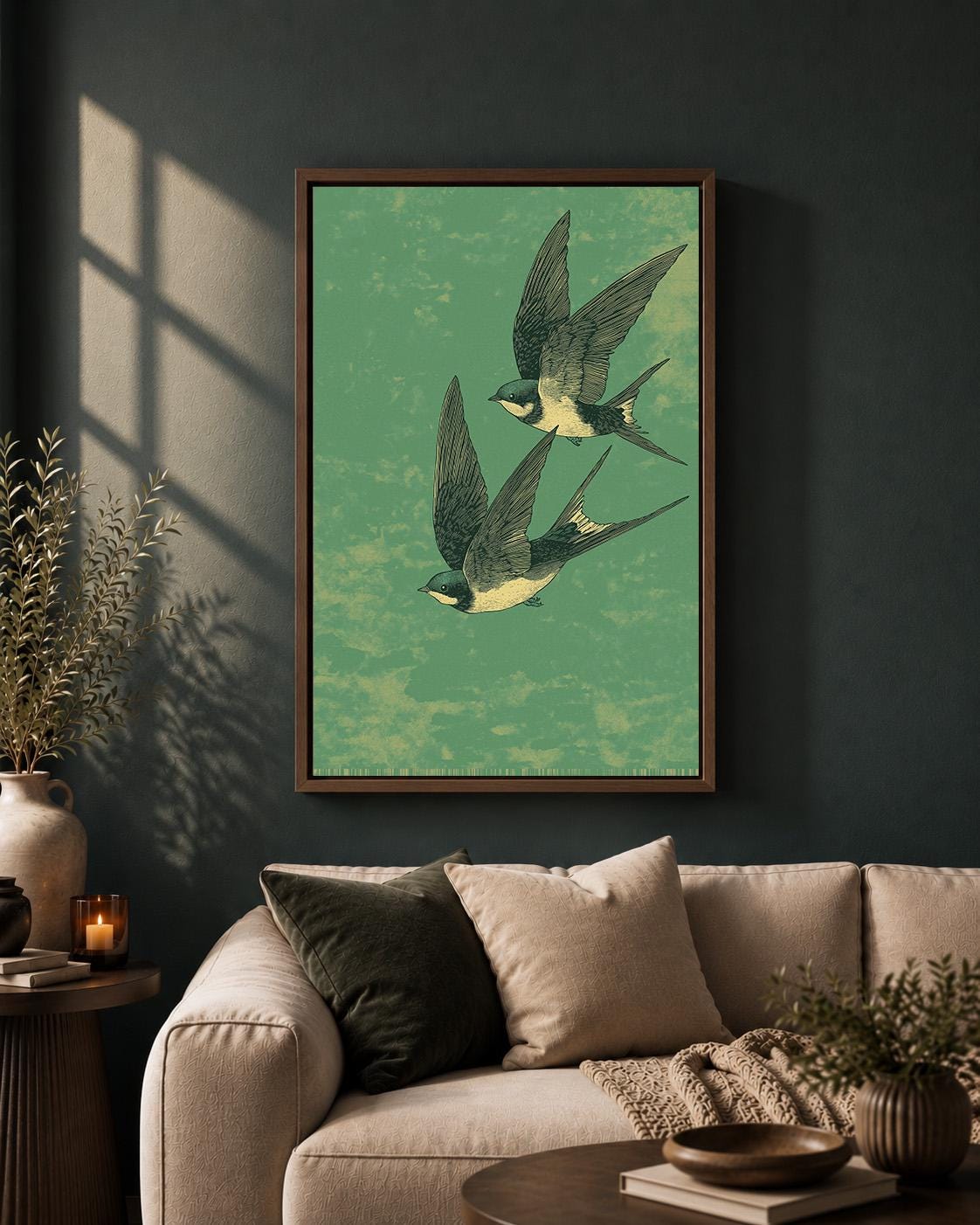 Vintage Swallow Framed Canvas Art, Japanese Inspired Bird Print, Sage Green Nature Decor by The Wall Art Studio - physical