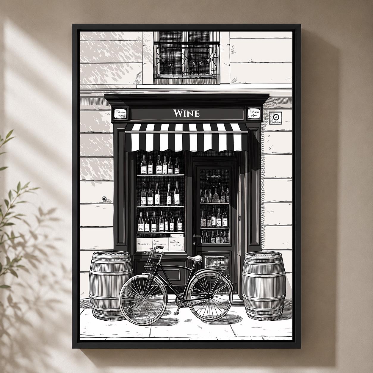 Vintage Wine Shop Framed Canvas Art, Paris Bistro Bicycle Print, French Street Sketch Decor by The Wall Art Studio - physical