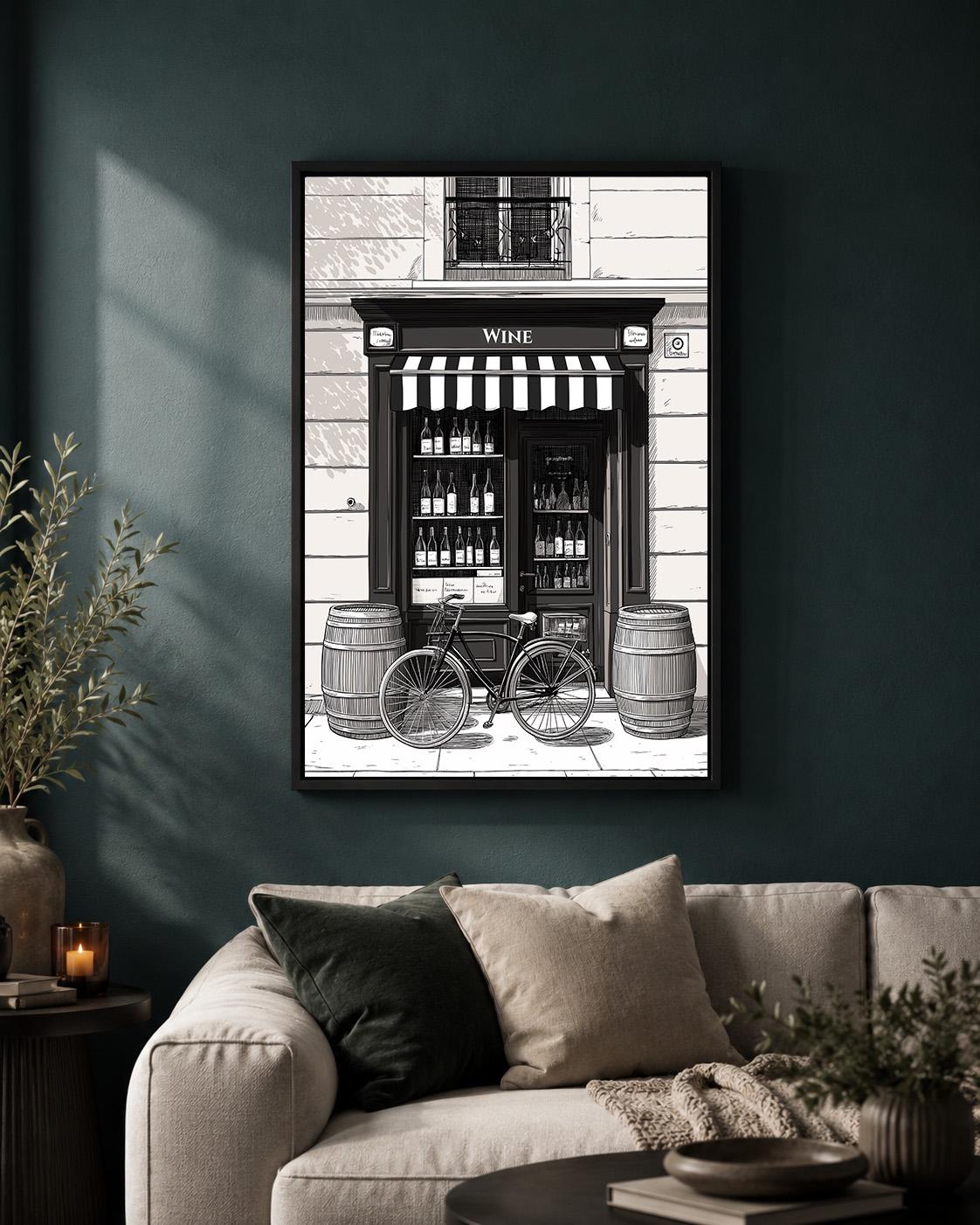 Vintage Wine Shop Framed Canvas Art, Paris Bistro Bicycle Print, French Street Sketch Decor by The Wall Art Studio - physical