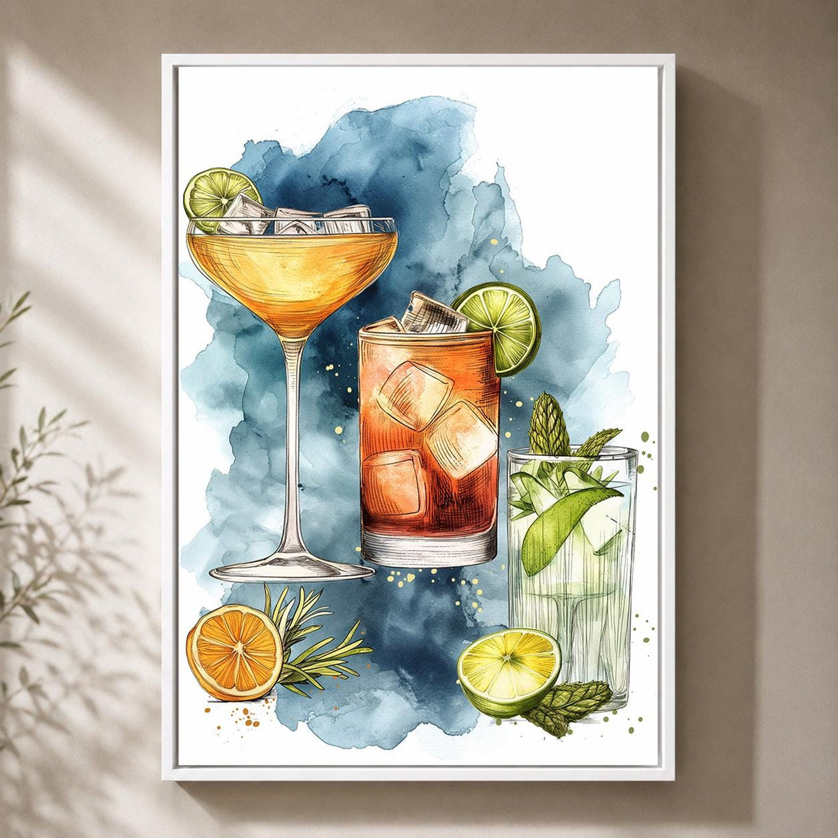 Watercolor Cocktail Framed Canvas, Bar Cart Print, Margarita Mojito Artwork, Kitchen Decor by The Wall Art Studio - physical