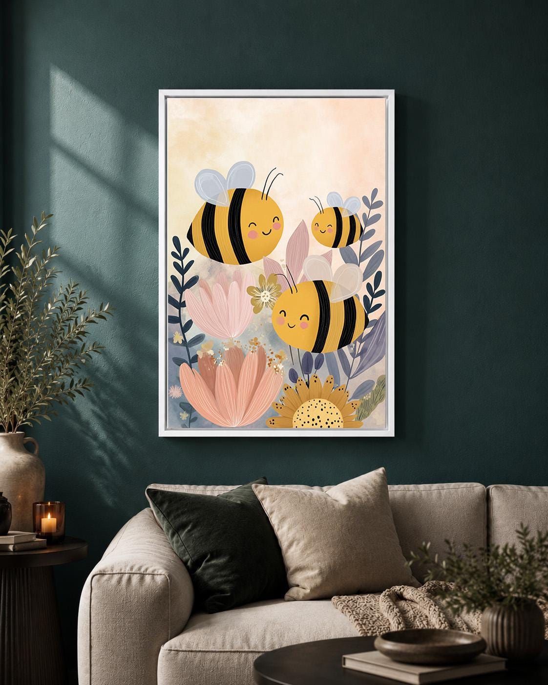 Whimsical Bee Floral Framed Canvas Art, Nursery Animal Print, Baby Kids Room Decor by The Wall Art Studio - physical