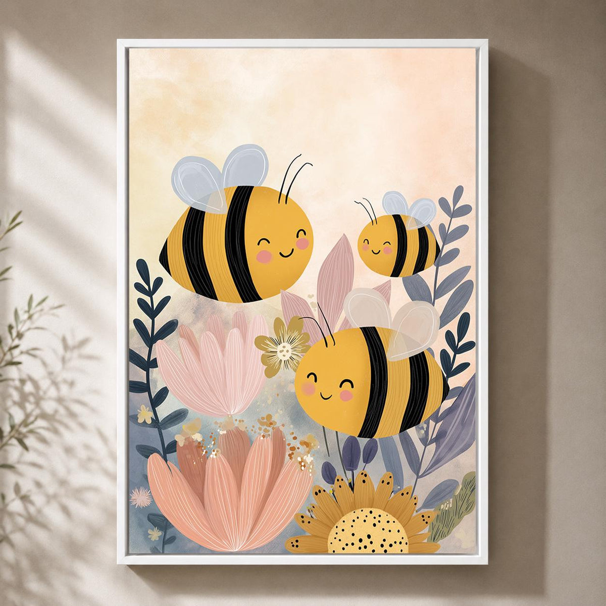 Whimsical Bee Floral Framed Canvas Art, Nursery Animal Print, Baby Kids Room Decor by The Wall Art Studio - physical