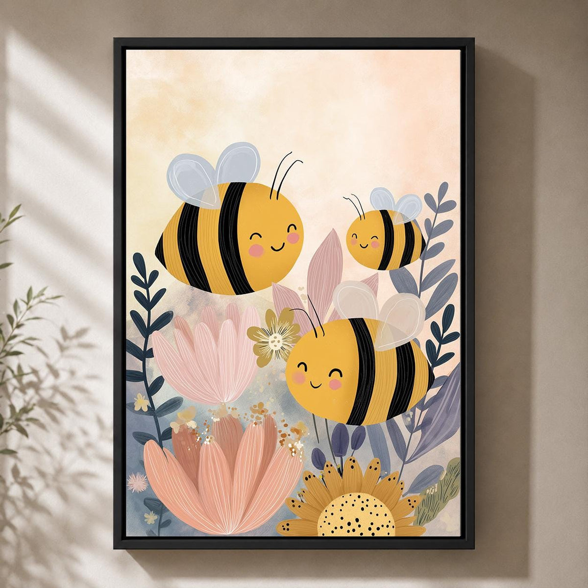 Whimsical Bee Floral Framed Canvas Art, Nursery Animal Print, Baby Kids Room Decor by The Wall Art Studio - physical