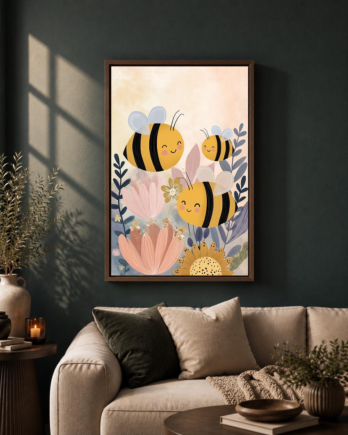 Whimsical Bee Floral Framed Canvas Art, Nursery Animal Print, Baby Kids Room Decor by The Wall Art Studio - physical