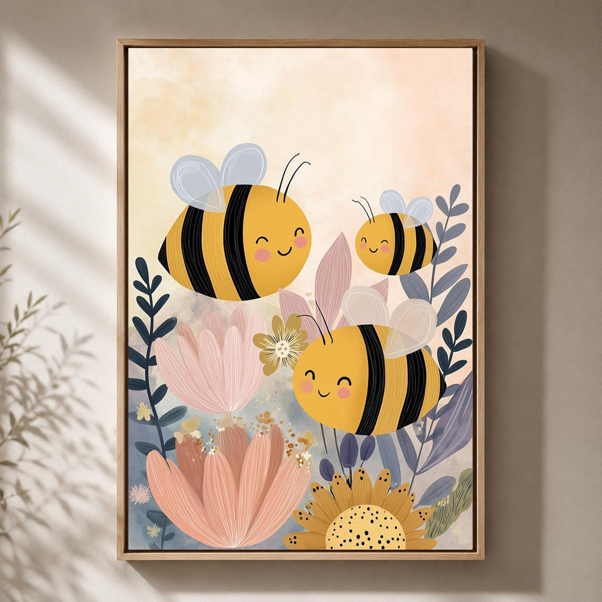 Whimsical Bee Floral Framed Canvas Art, Nursery Animal Print, Baby Kids Room Decor by The Wall Art Studio - physical