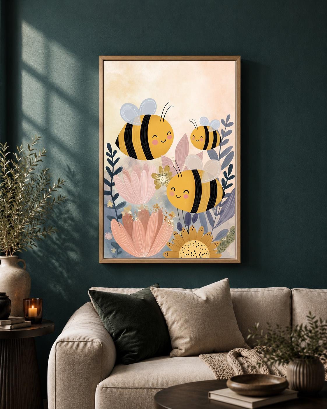 Whimsical Bee Floral Framed Canvas Art, Nursery Animal Print, Baby Kids Room Decor by The Wall Art Studio - physical