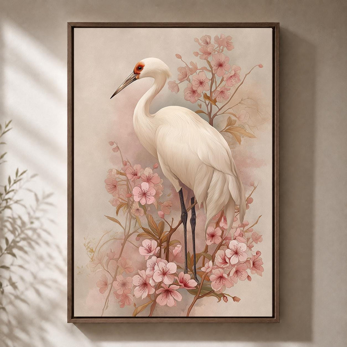 White Crane Cherry Blossom Framed Canvas Art, Japandi Floral Bird Print by The Wall Art Studio - physical