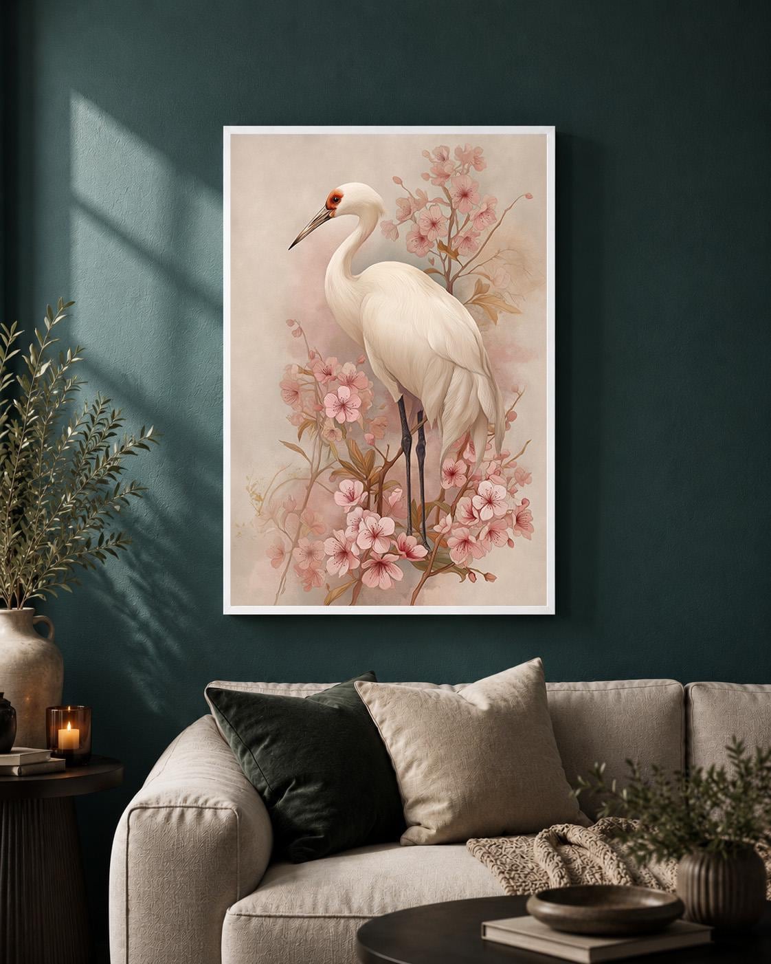 White Crane Cherry Blossom Framed Canvas Art, Japandi Floral Bird Print by The Wall Art Studio - physical