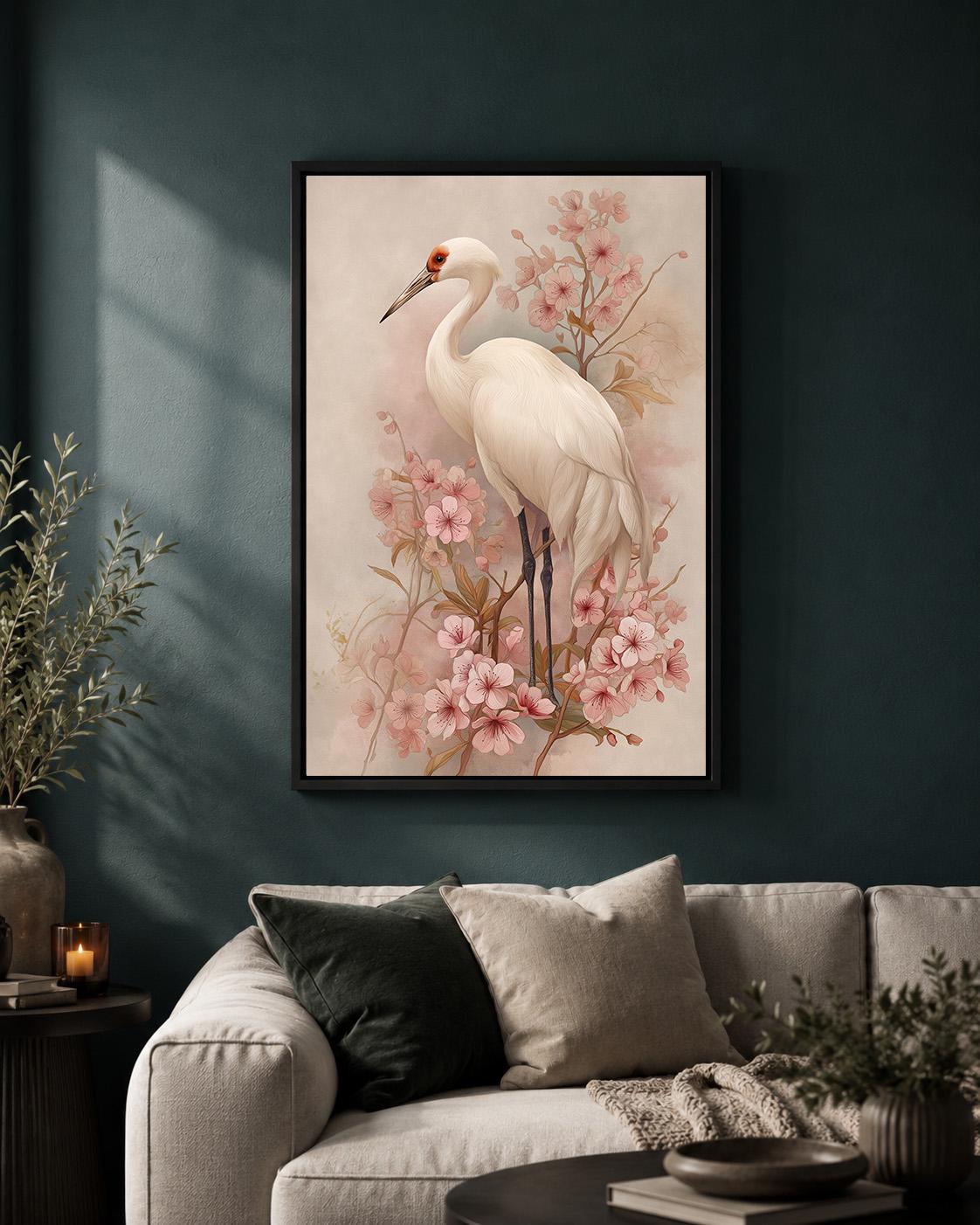 White Crane Cherry Blossom Framed Canvas Art, Japandi Floral Bird Print by The Wall Art Studio - physical