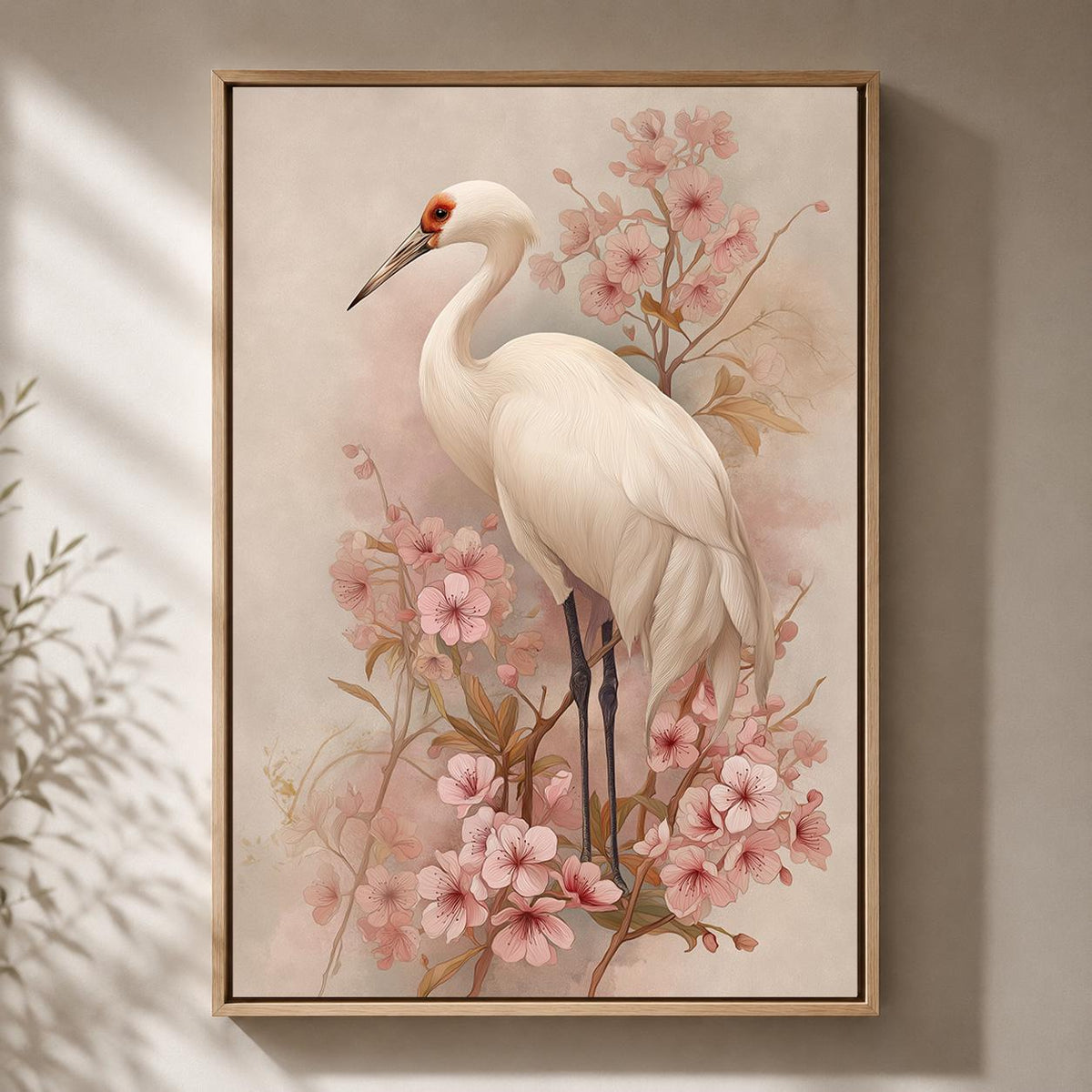 White Crane Cherry Blossom Framed Canvas Art, Japandi Floral Bird Print by The Wall Art Studio - physical