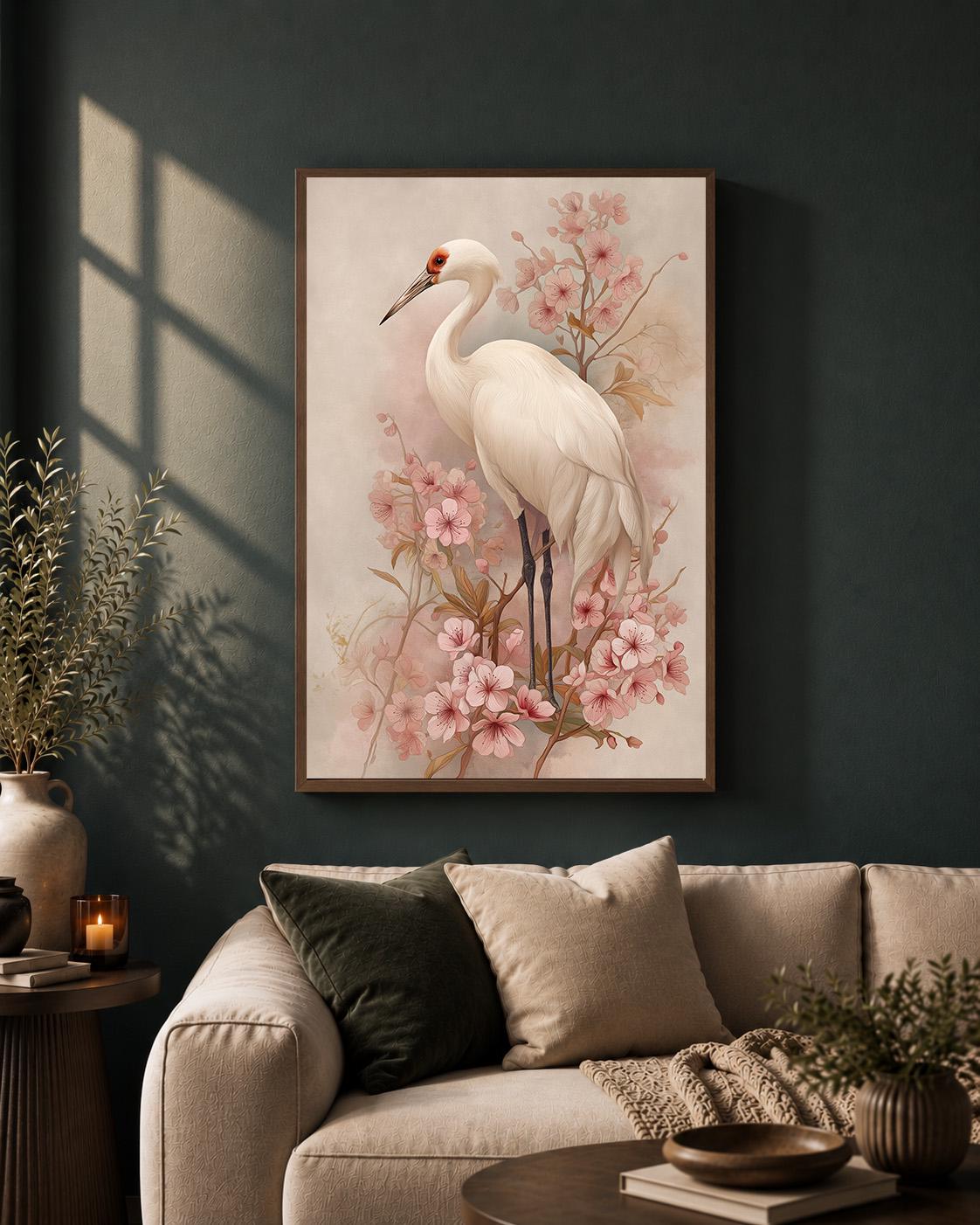 White Crane Cherry Blossom Framed Canvas Art, Japandi Floral Bird Print by The Wall Art Studio - physical