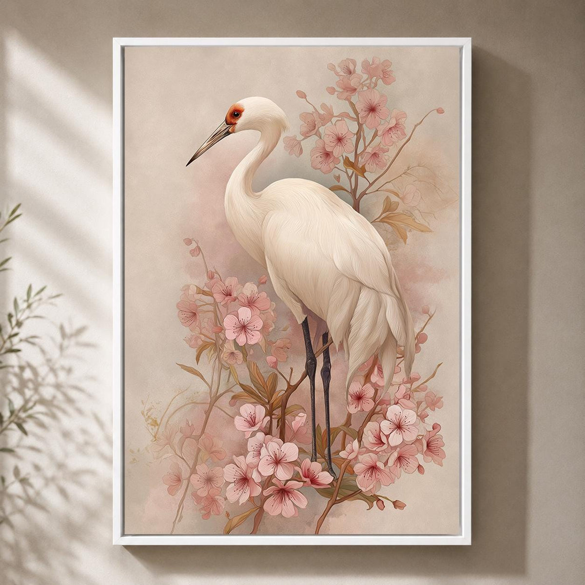 White Crane Cherry Blossom Framed Canvas Art, Japandi Floral Bird Print by The Wall Art Studio - physical