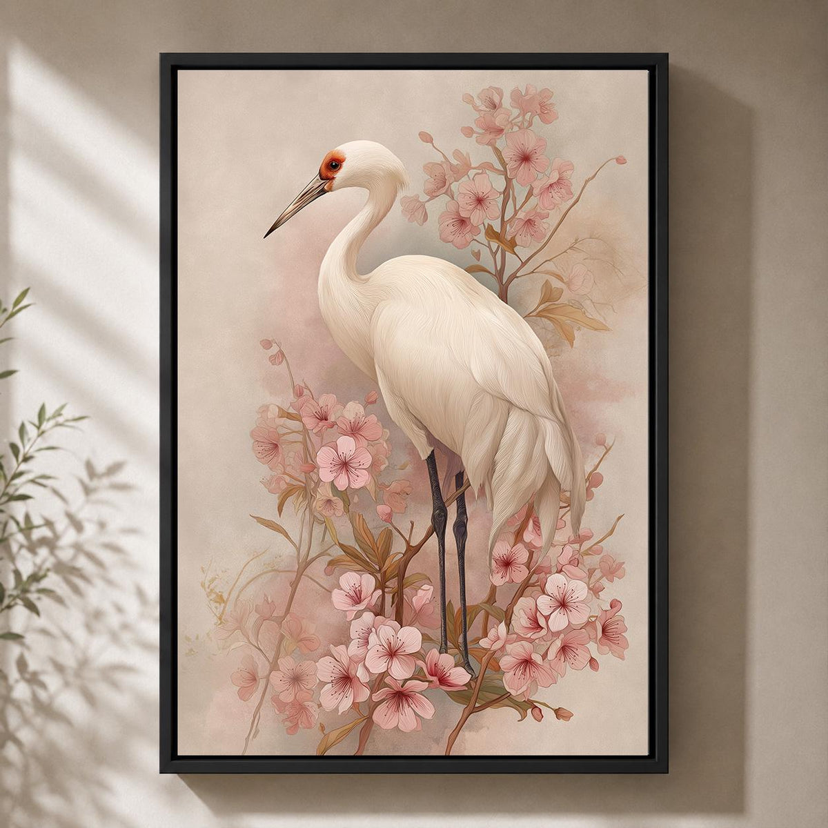 White Crane Cherry Blossom Framed Canvas Art, Japandi Floral Bird Print by The Wall Art Studio - physical