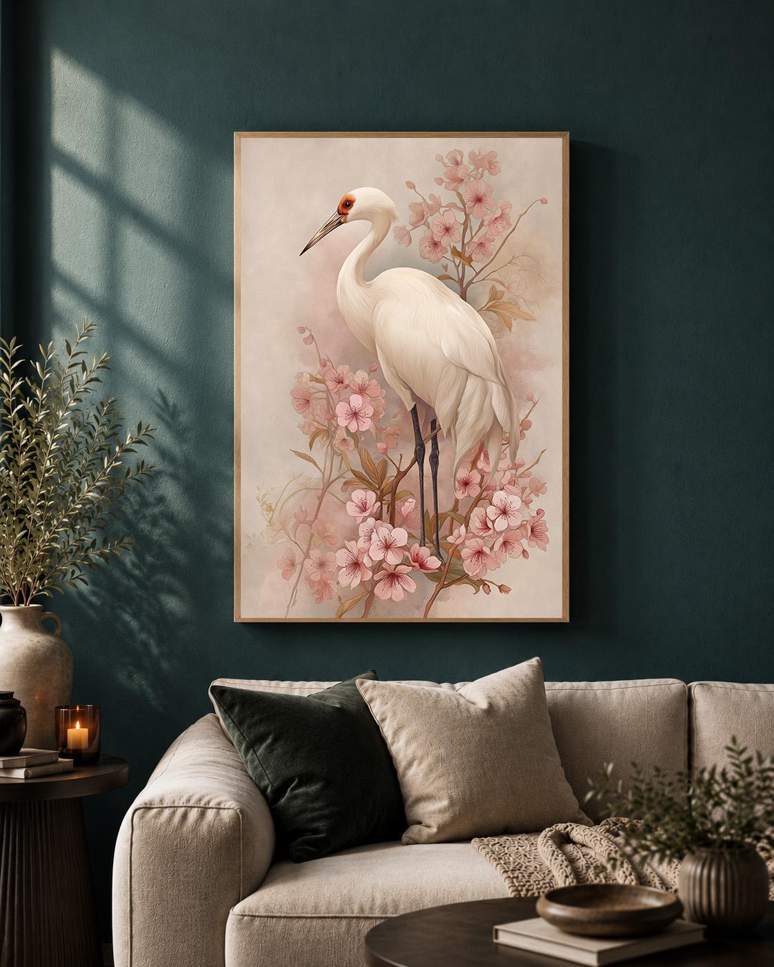 White Crane Cherry Blossom Framed Canvas Art, Japandi Floral Bird Print by The Wall Art Studio - physical