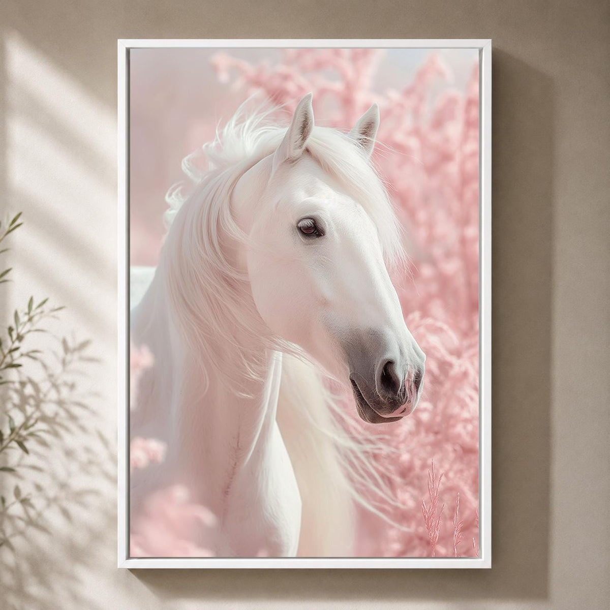 White Horse Framed Canvas Art, Dreamy Pink Equestrian Print, Feminine Cottage Decor by The Wall Art Studio - physical