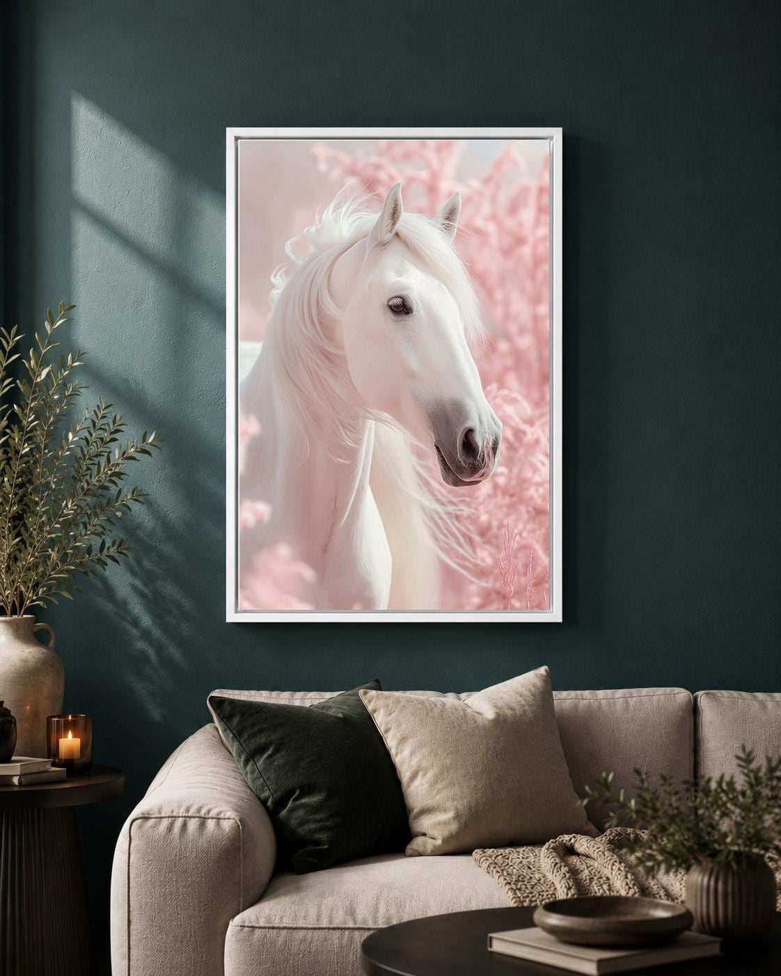 White Horse Framed Canvas Art, Dreamy Pink Equestrian Print, Feminine Cottage Decor by The Wall Art Studio - physical