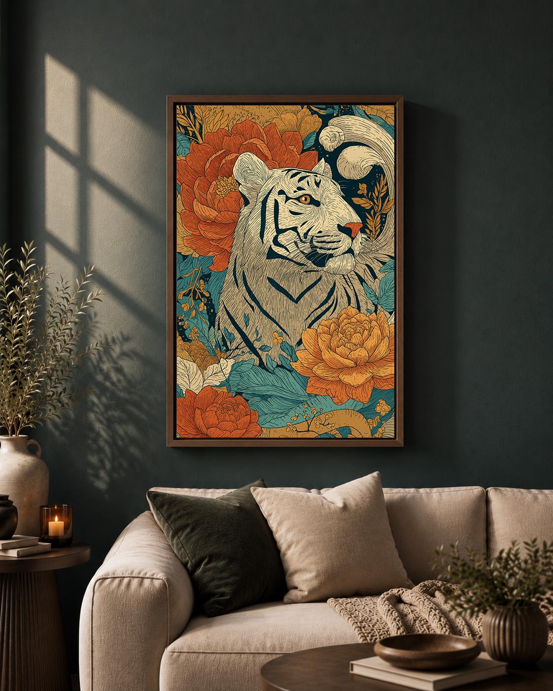 White Tiger Floral Framed Canvas Art, Boho Jungle Animal Print, Folk Style Wall Decor by The Wall Art Studio - physical