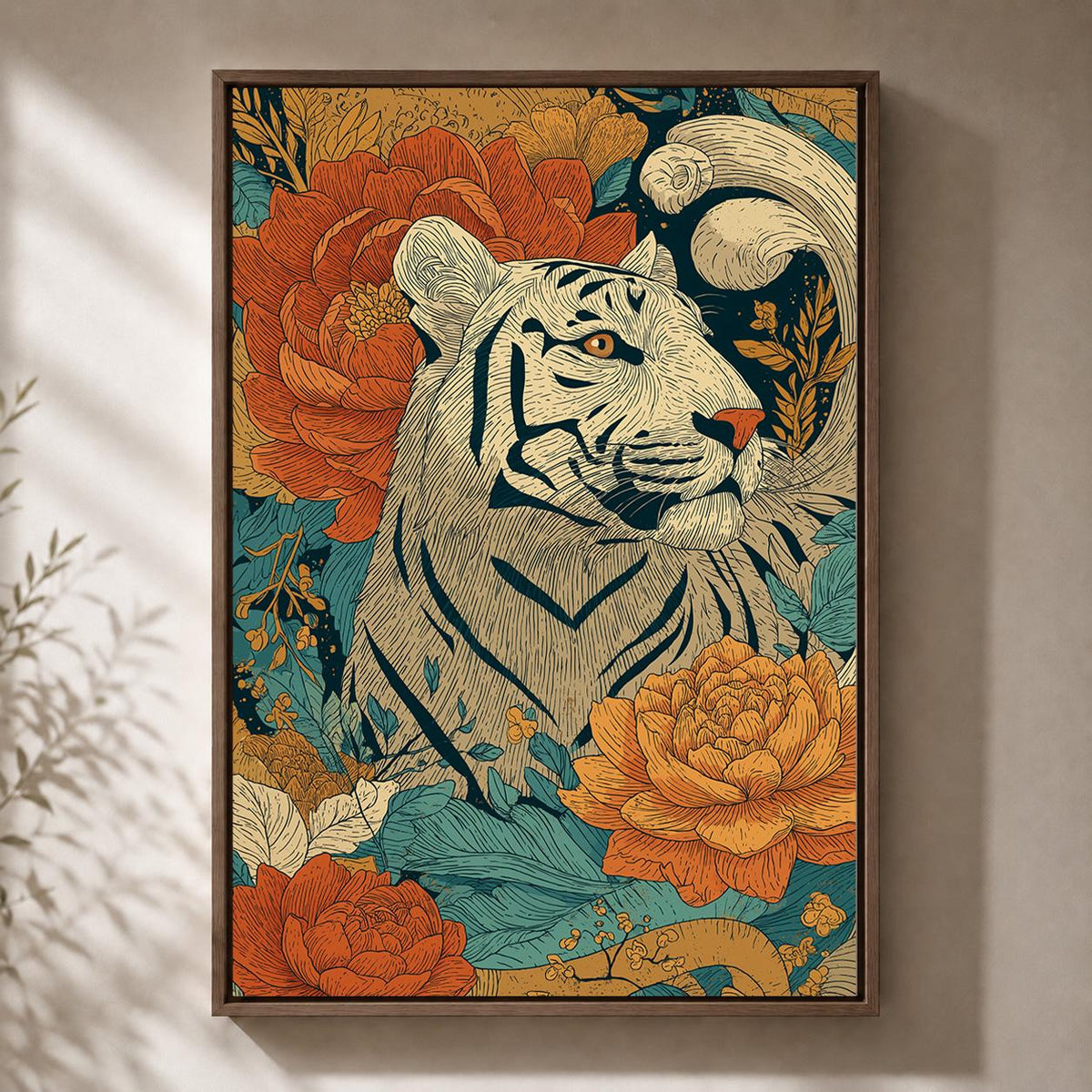 White Tiger Floral Framed Canvas Art, Boho Jungle Animal Print, Folk Style Wall Decor by The Wall Art Studio - physical