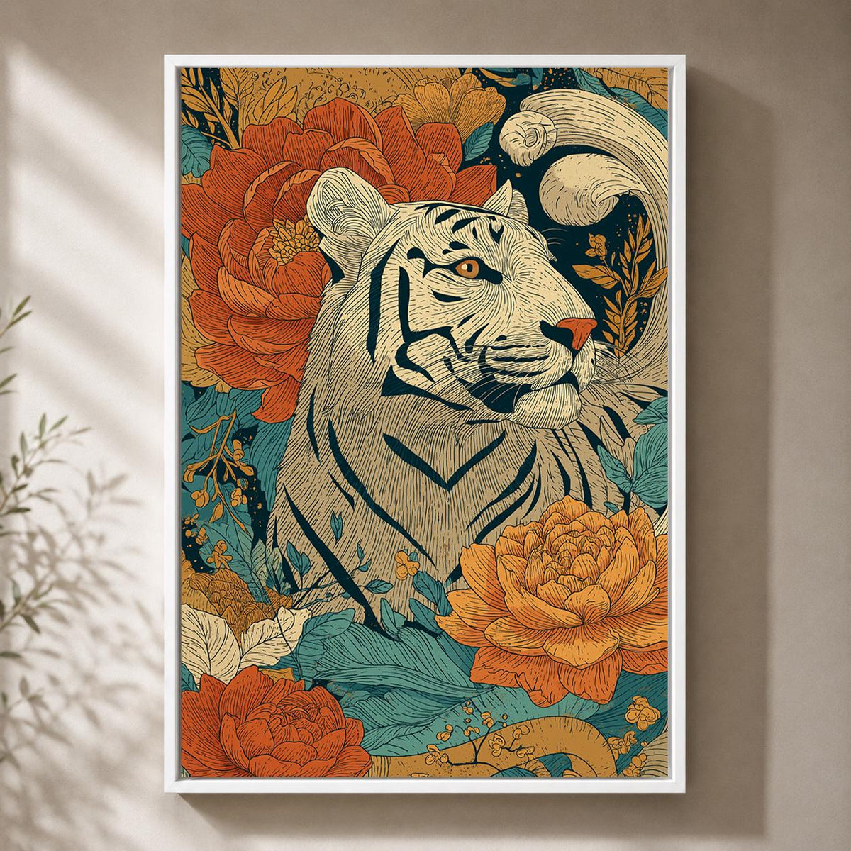 White Tiger Floral Framed Canvas Art, Boho Jungle Animal Print, Folk Style Wall Decor by The Wall Art Studio - physical