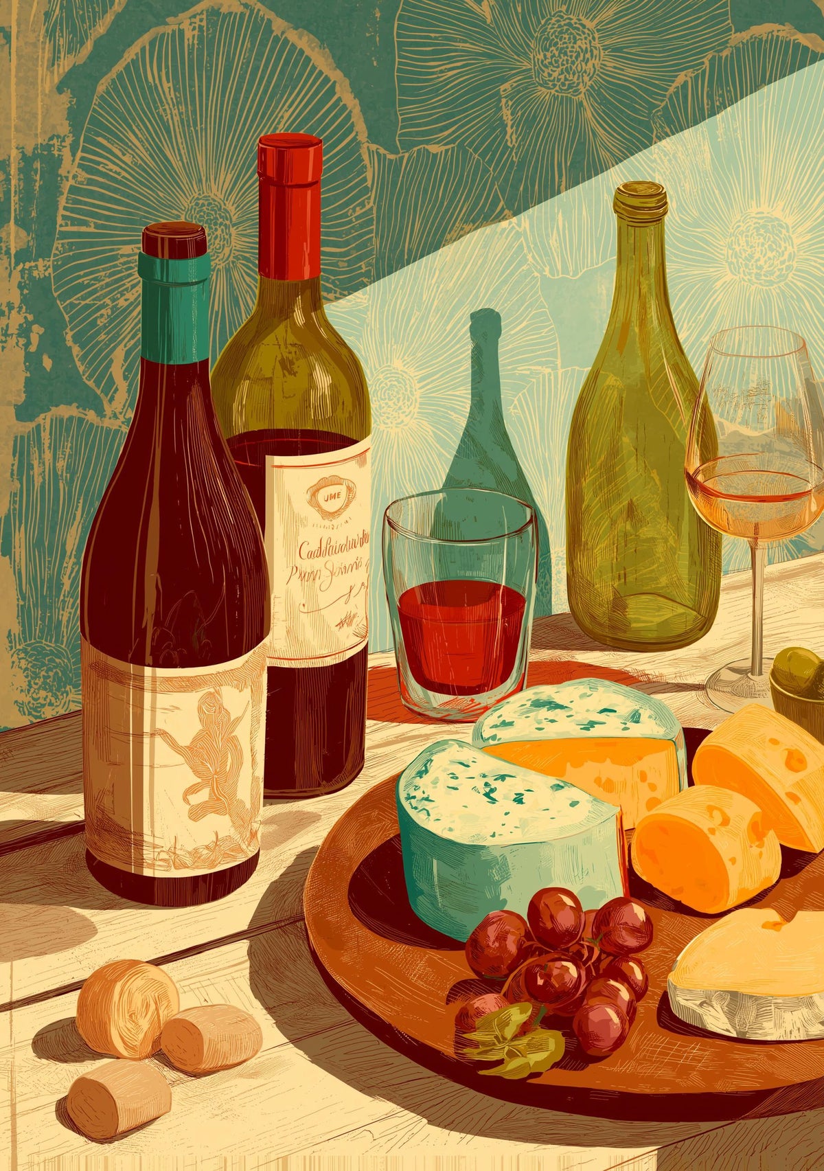 Wine and Cheese Wall Art Print | Rustic Kitchen Dining Room Décor | Still Life Vineyard Artwork | Wine Lover Gift | French...