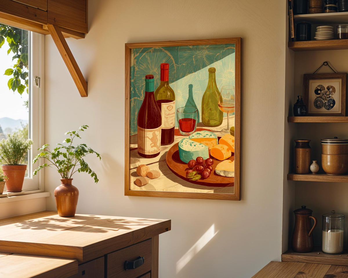 Wine and Cheese Wall Art Print | Rustic Kitchen Dining Room Décor | Still Life Vineyard Artwork | Wine Lover Gift | French...