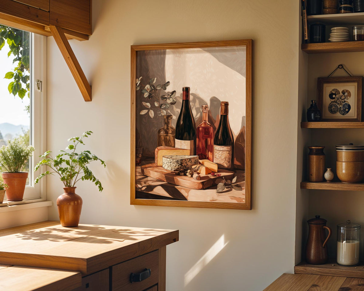 Wine and Cheese Wall Art Print | Rustic Kitchen Dining Room Décor | Still Life Vineyard Artwork | Wine Lover Gift | French...