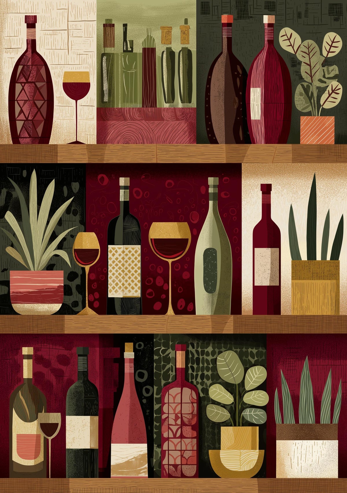 Wine Bottle Illustration Print, Modern Kitchen Bar Cart Decor, Wine Lover Gift by The Wall Art Studio - physical