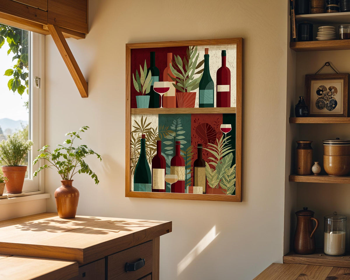 Wine Bottle Illustration Print, Modern Kitchen Bar Cart Decor, Wine Lover Gift by The Wall Art Studio - physical
