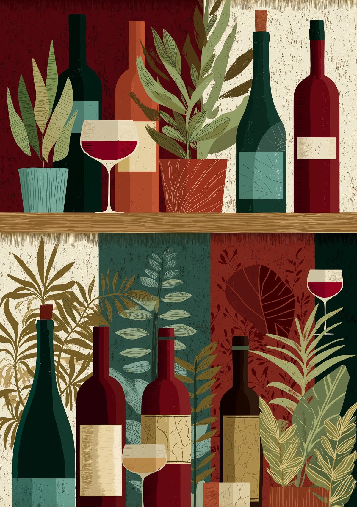 Wine Bottle Illustration Print, Modern Kitchen Bar Cart Decor, Wine Lover Gift by The Wall Art Studio - physical