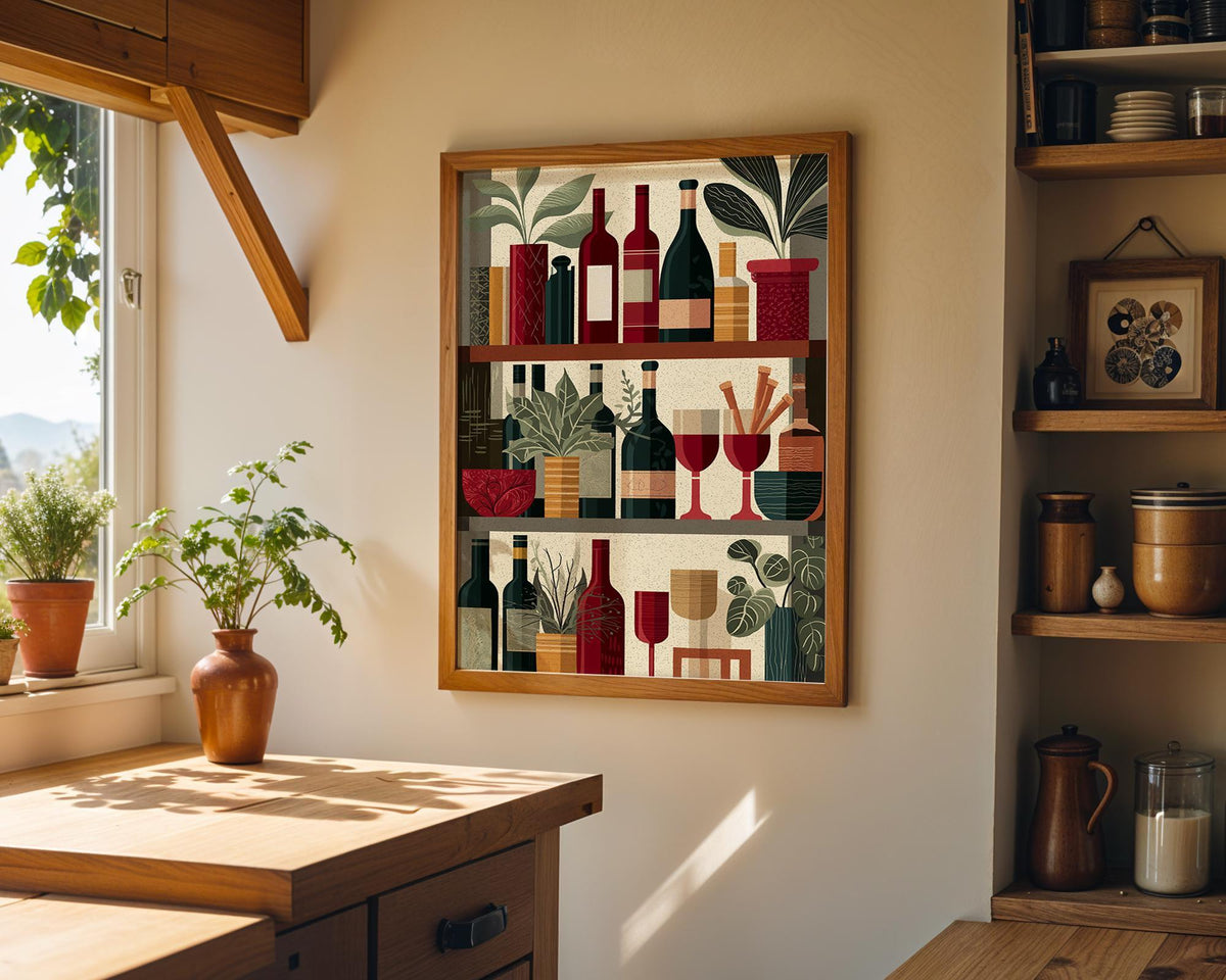 Wine Bottle Illustration Print, Modern Kitchen Bar Cart Decor, Wine Lover Gift by The Wall Art Studio - physical