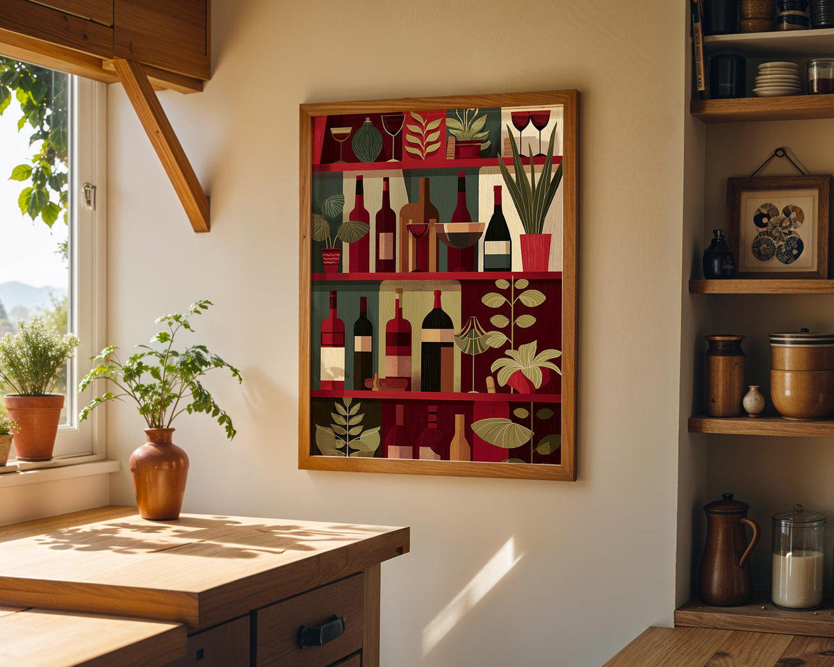 Wine Bottle Illustration Print, Modern Kitchen Bar Cart Decor, Wine Lover Gift by The Wall Art Studio - physical