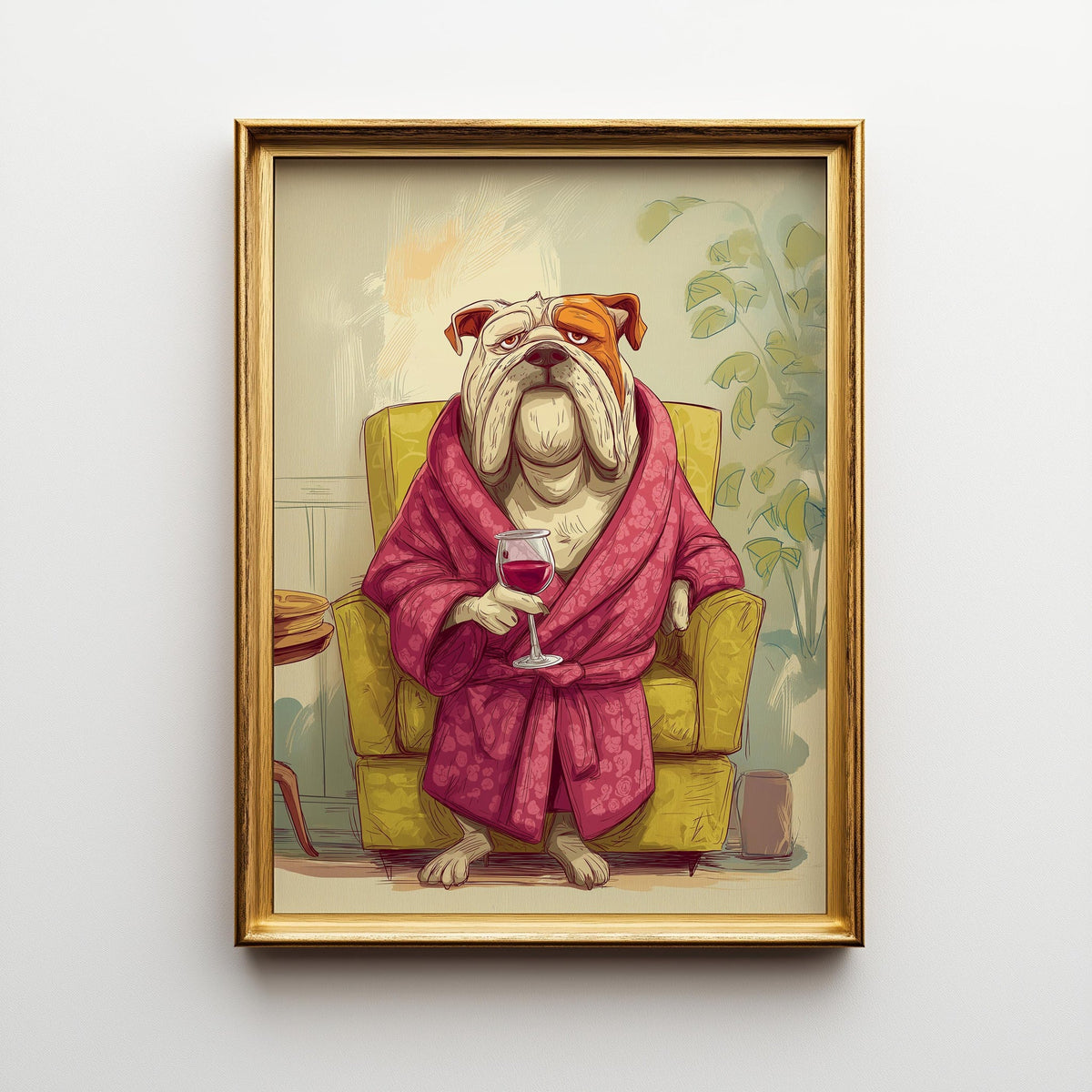 Wine Bulldog Art Print • Funny Dog Drinking Wine Wall Art • Relaxing Bulldog Illustration in Robe • Whimsical Animal Décor...